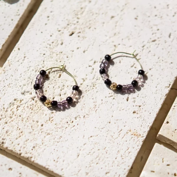 black purple glass bead hoop earrings