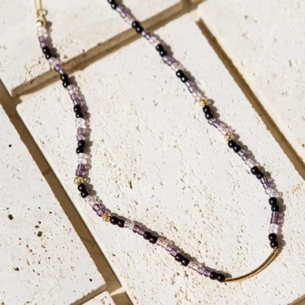 black purple small glass beaded necklace for women