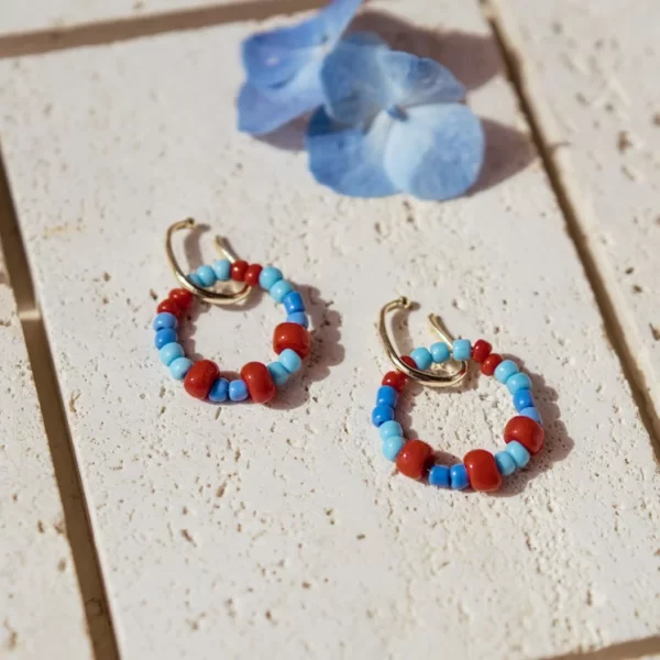 blue red glass bead hoop non pierced earrings