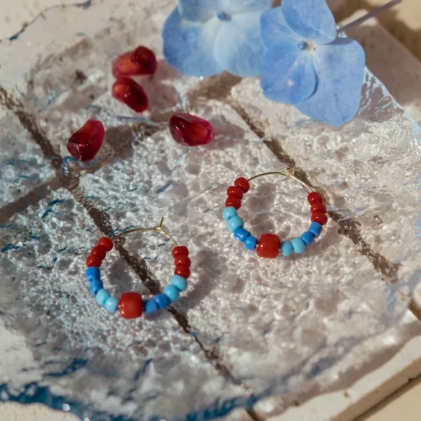 blue red glass bead hoop earrings