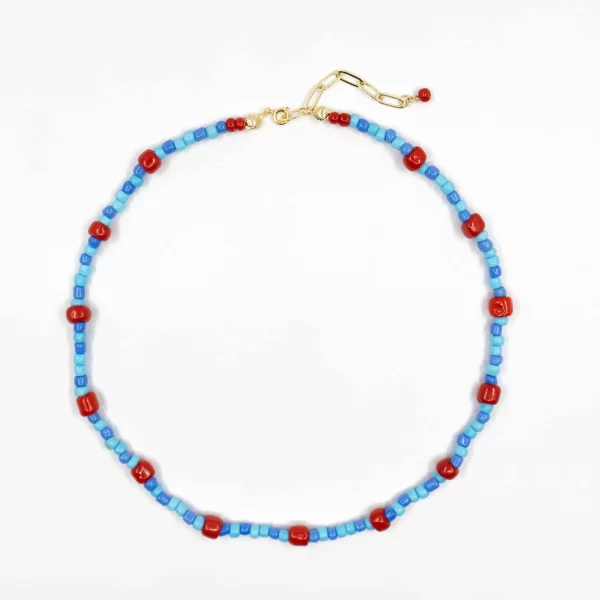 blue red glass beads station necklace for women