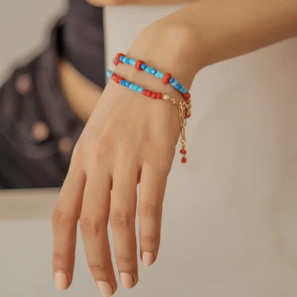 blue red glass bead station bracelet for women
