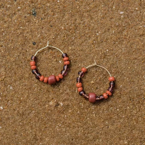 brown purple glass beads hoop earrings