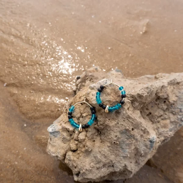black blue beaded hoop earrings