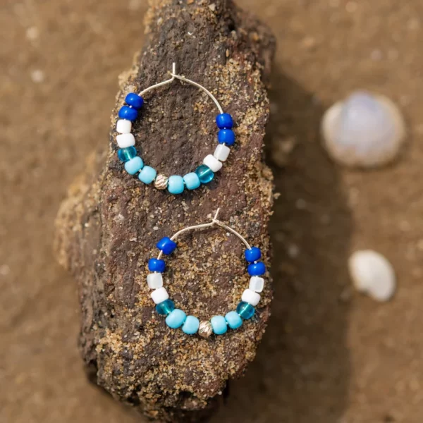 blue white beaded hoop earrings