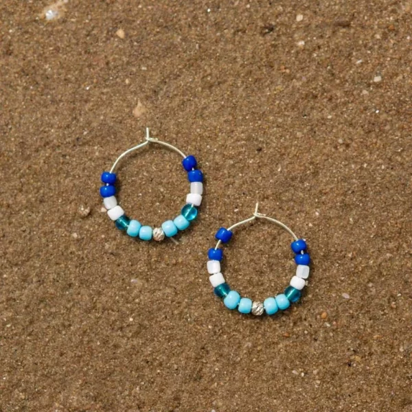 blue white beaded hoop earrings