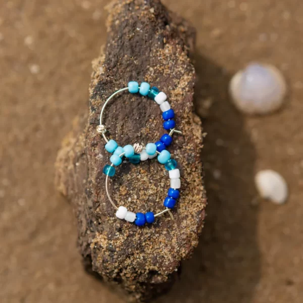 blue white beaded hoop earrings