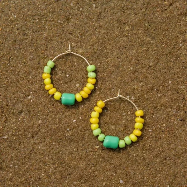 yellow green glass beads hoop earrings