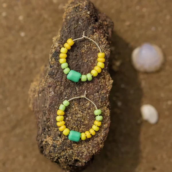 yellow green glass beads hoop earrings