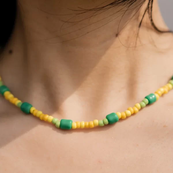 yellow green glass beads necklace