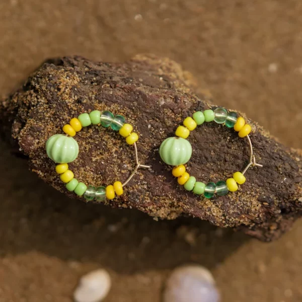 yellow green glass bead hoop earrings