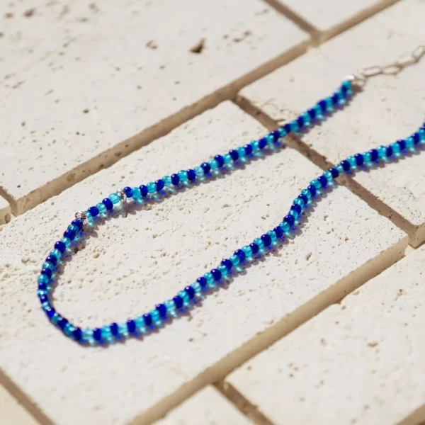 blue glass seed bead necklace for women