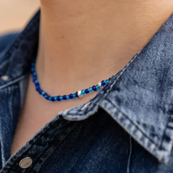 blue glass seed bead necklace for men