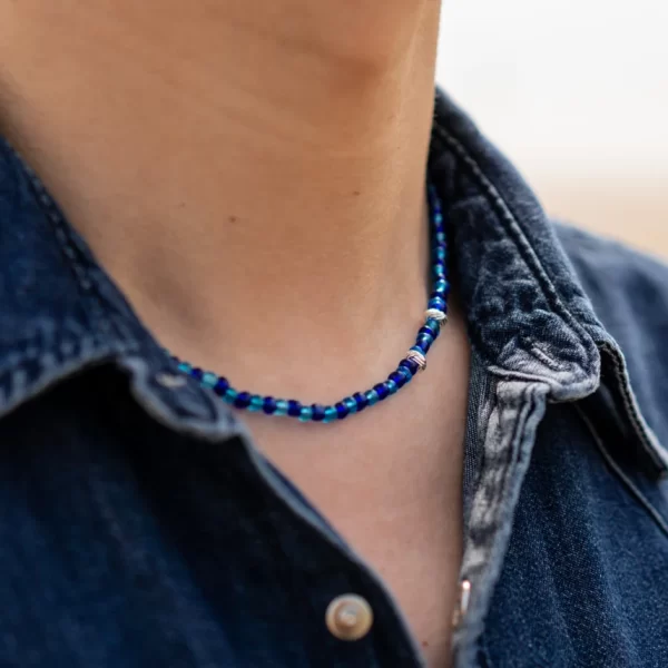 blue glass seed bead necklace for men