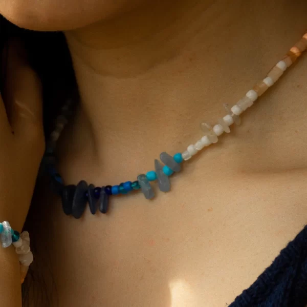 blue orange white bead necklace for women