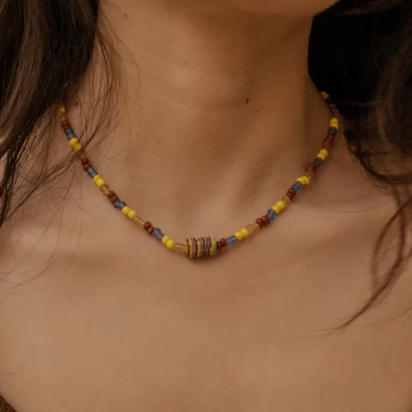 summer brown yellow blue glass seed bead necklace