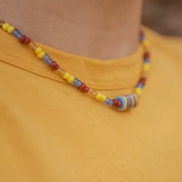 brown yellow blue glass seed bead necklace
