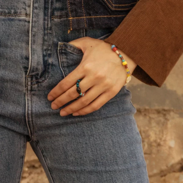 black blue red glass bead ring for women