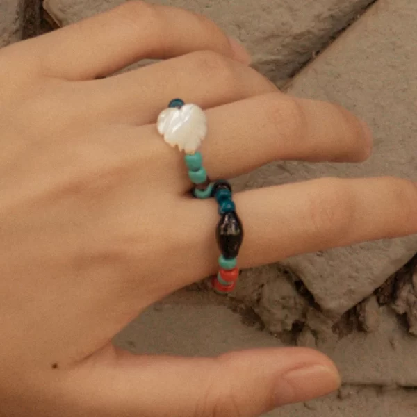 blue white brown glass seed bead ring