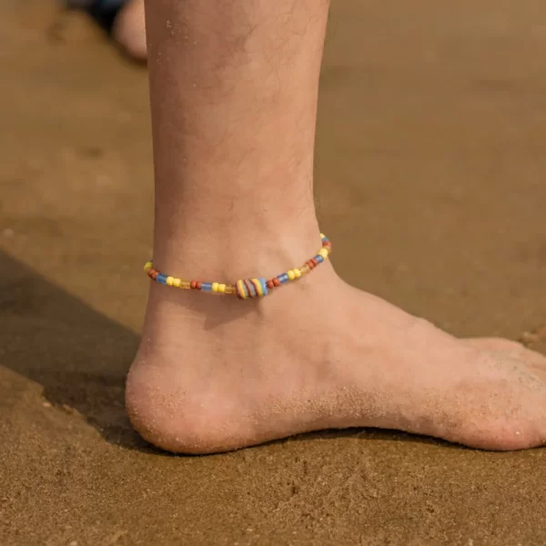brown yellow blue seed bead anklet for women and men