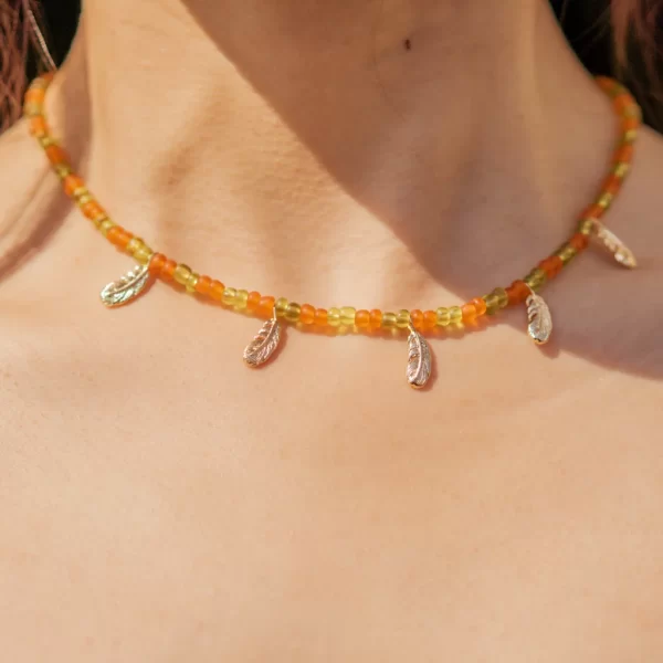 orange green glass seed bead necklace for women