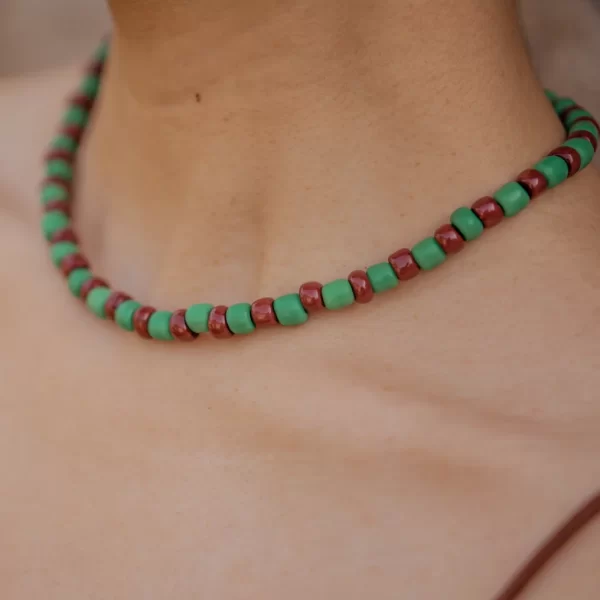brown green glass bead necklace for women