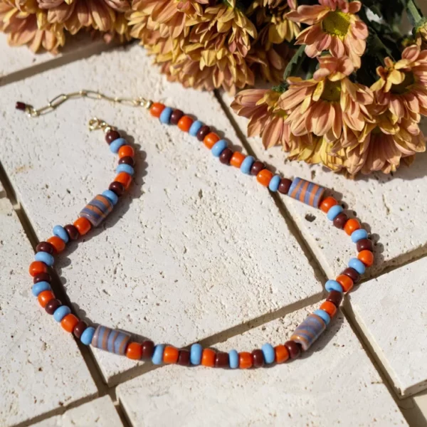Brown Orange Blue Glass Handmade Bead Necklace for women