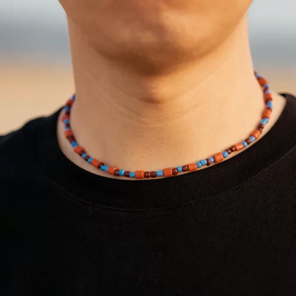 Brown Orange Blue Glass Seed Bead Necklace