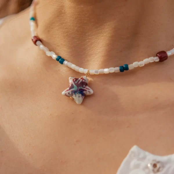 blue white seed bead necklace with starfish pendant for women