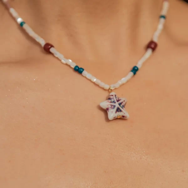 blue white seed bead necklace with starfish pendant for women