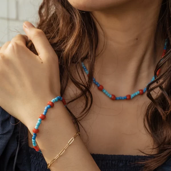 blue red glass beaded necklace for women