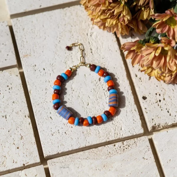 Brown Orange Blue Glass Handmade Bead Bracelet for women
