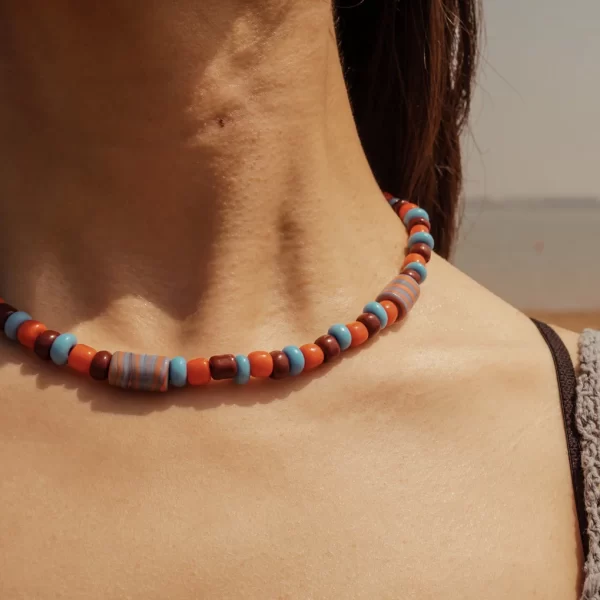 Brown Orange Blue Handmade Glass Bead Necklace for women