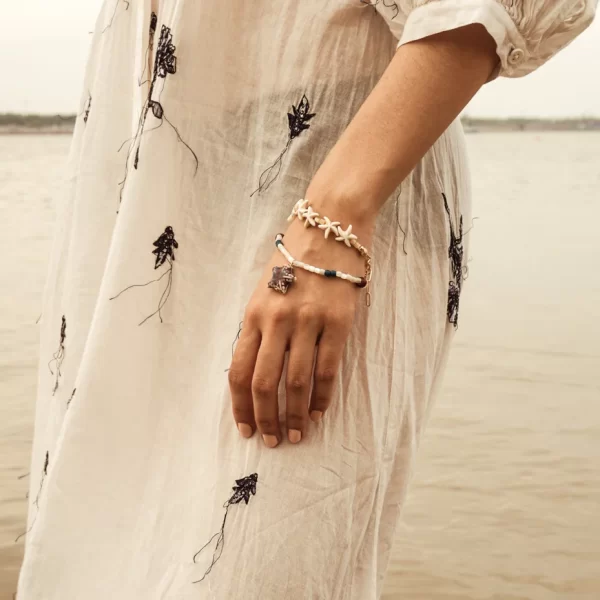 blue white seed bead bracelet with starfish pendant for women