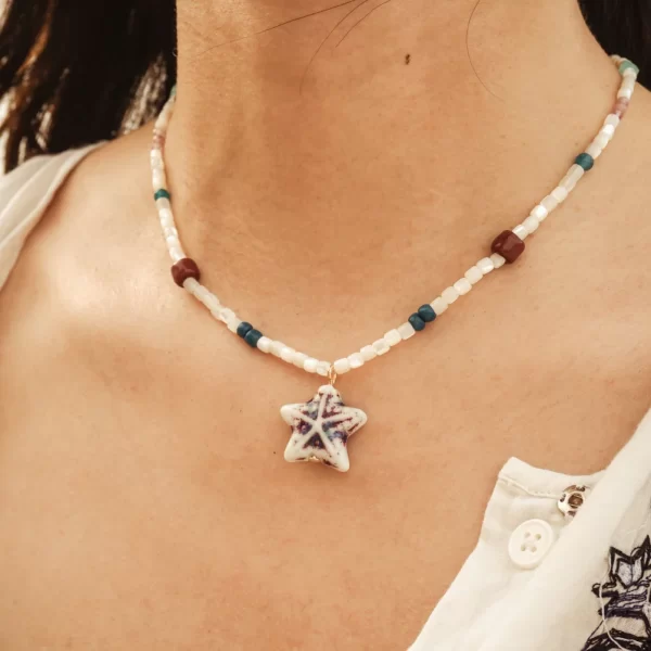 blue white seed bead necklace with starfish pendant for women