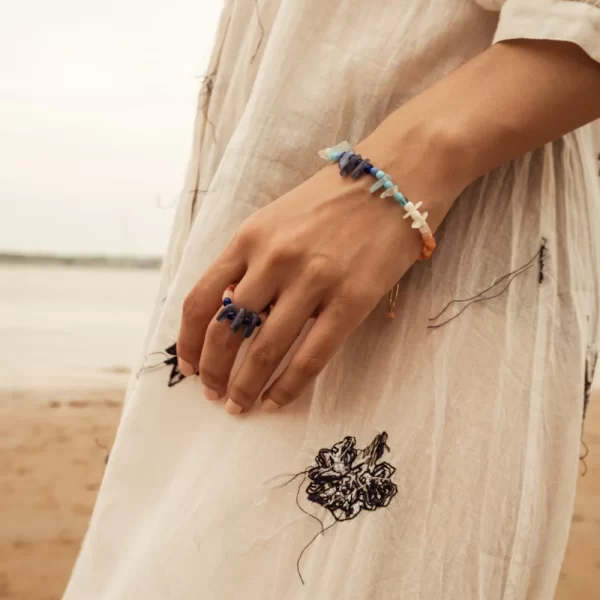 blue brown white beaded ring for women