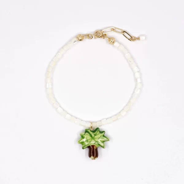 white seed bead bracelet with coconut charm for women