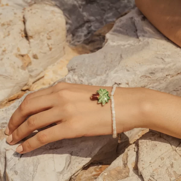 white seed bead bracelet with coconut charm for women