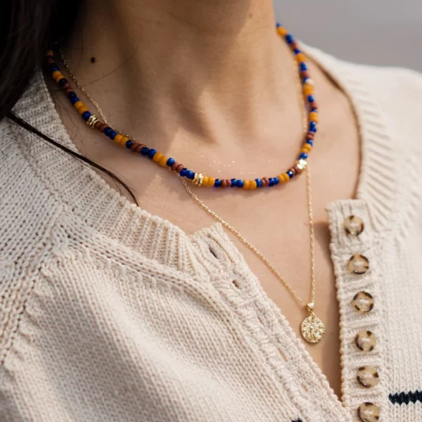blue brown orange beaded necklace