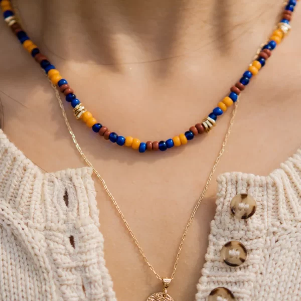 blue brown orange beaded necklace
