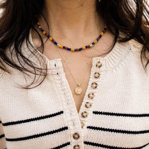 blue brown orange beaded necklace