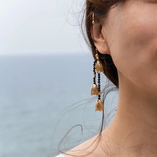 Black flower buds long dangle ear cuff non pierced earrings