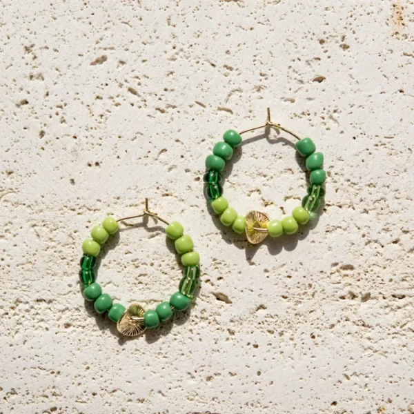 green glass beaded hoop earrings