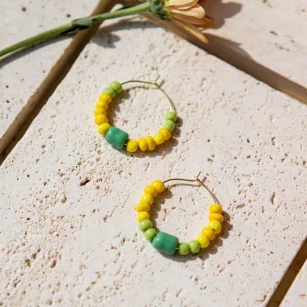 yellow green glass beads hoop earrings