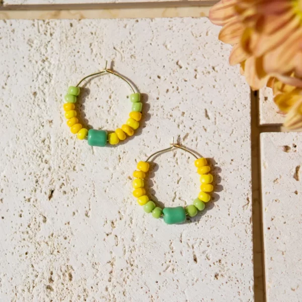 yellow green glass beads hoop earrings