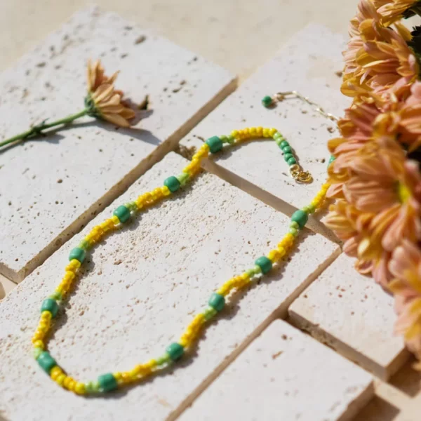 yellow green glass beads necklace for women