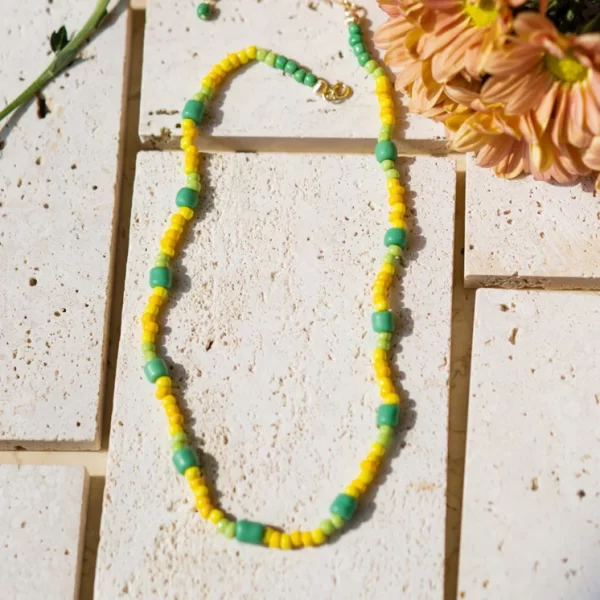 yellow green glass beads necklace for women