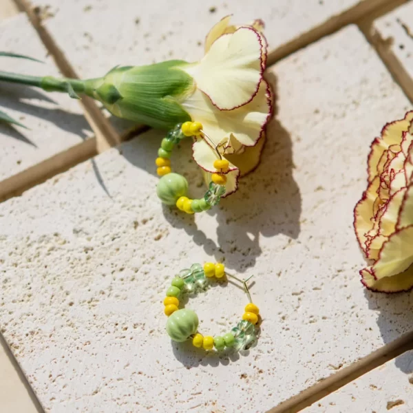 yellow green glass bead hoop earrings