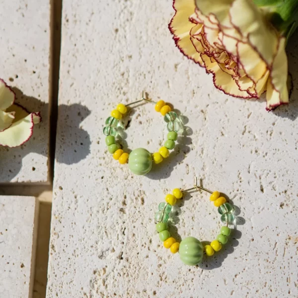 yellow green glass bead hoop earrings