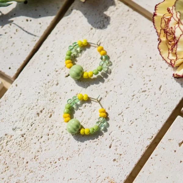 yellow green glass bead hoop earrings